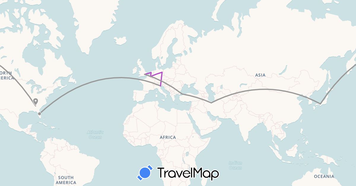 TravelMap itinerary: driving, plane, train in Belgium, Germany, United Kingdom, Iran, Italy, Japan, Netherlands, Turkey, United States (Asia, Europe, North America)
